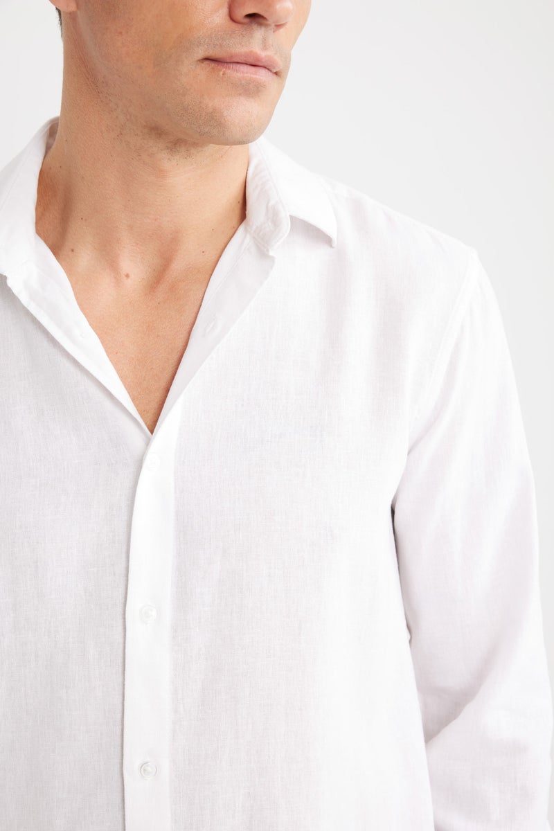 DeFacto White Man Regular Fit Polo Collar Long Sleeve Linen Shirt Casual - Image 5